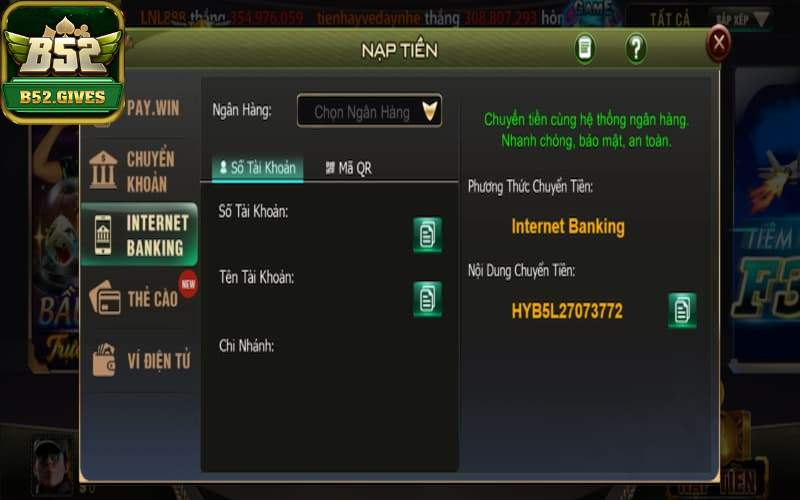 Nạp tiền vào tài khoản game bằng dịch vụ internet banking